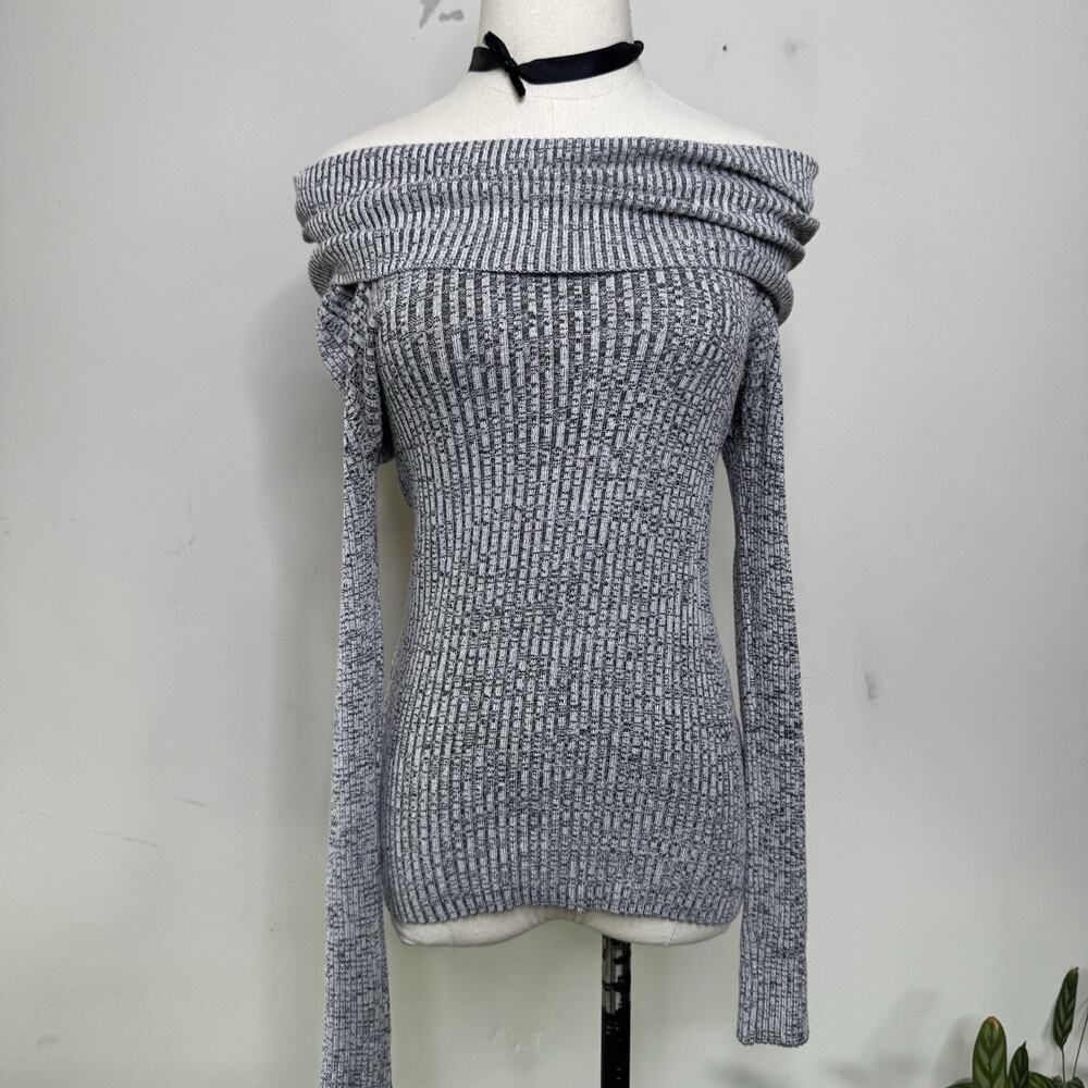 Vintage Y2K Gray Off Shoulder Ribbed Knit Top Fitted Indie Soft Girl M